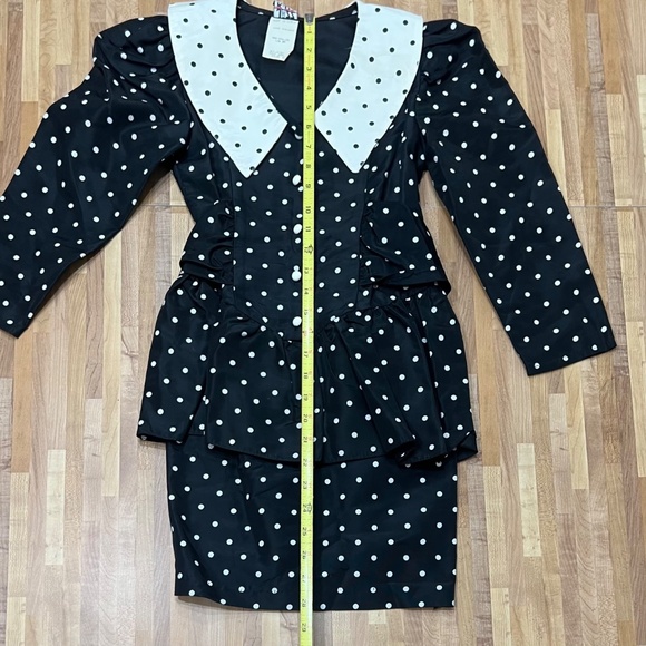 Vintage 80s Jazz Kids Black & White Polka Dot Dress Peplum Bow Puff Sleeve Size - Picture 11 of 12